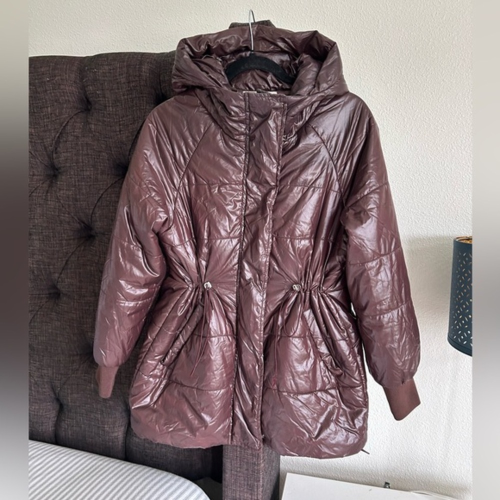 Society Brown Puffer Coat with Hood and Quilted Design